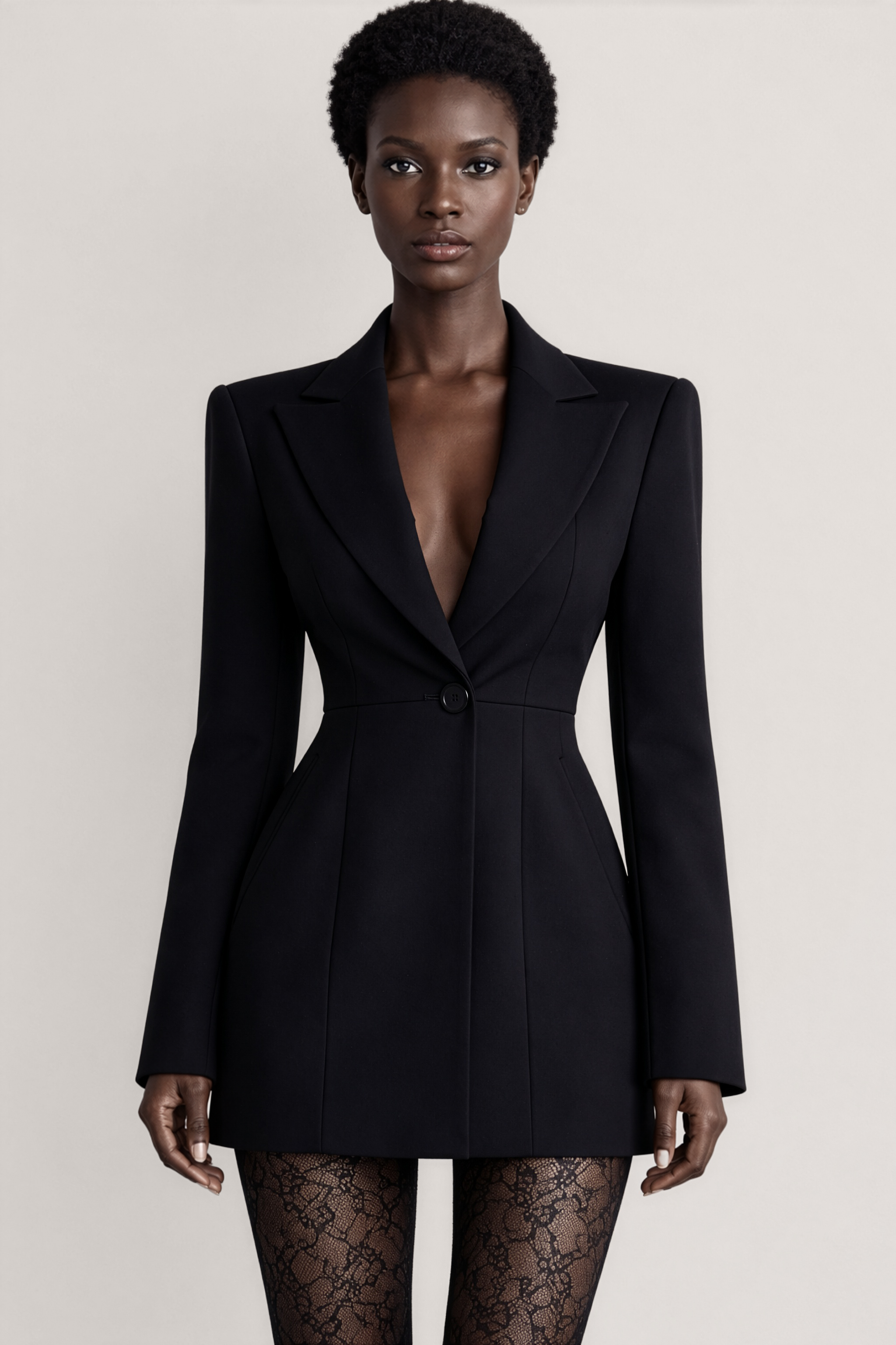 Lucca Blazer – czarny, taliowany damski żakiet z wyraźnie zaznaczonym dekoltem w kształcie V i strukturą ramion.